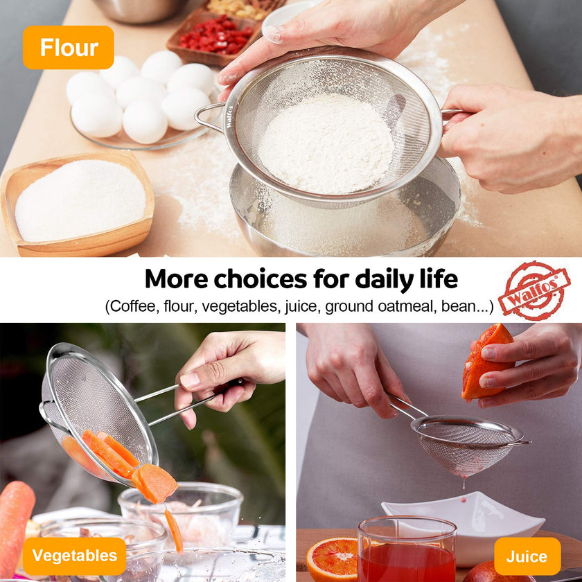 Walfos Fine Mesh Strainers Set, Premium Stainless Steel Sieve and Sifter with Sturdy Handle, Metal Kitchen Strainers Perfect for for Food, Rice, Quinoa, Fruit, Tea, Flour- 3 Sizes 🍁 All In One Marketplace Canada