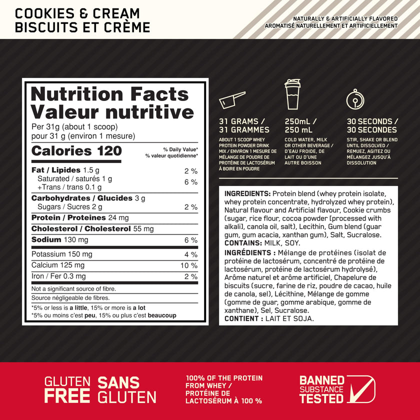 Optimum Nutrition Gold Standard 100% Whey Protein Powder, Cookies & Cream, 24 g Protein per Serving, 2.27 kg, 68 Servings (packaging may vary) 🍁 All In One Marketplace Canada