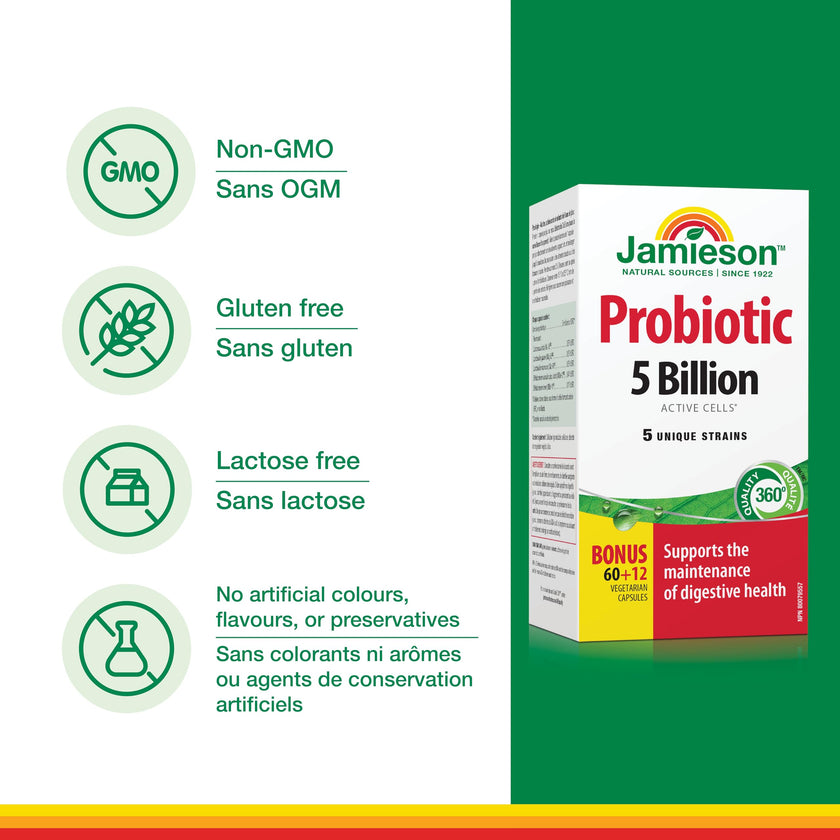 Jamieson Probiotic 5 Billion Active Cells, Bonus Size, Supports Digestive Health and Microbial Diversity. 5 Unique Strains, Including Lactobacillus and Bifidobacterium, Non-GMO, Gluten-Free, 72 Vegetarian capsules 🍁 All In One Marketplace Canada
