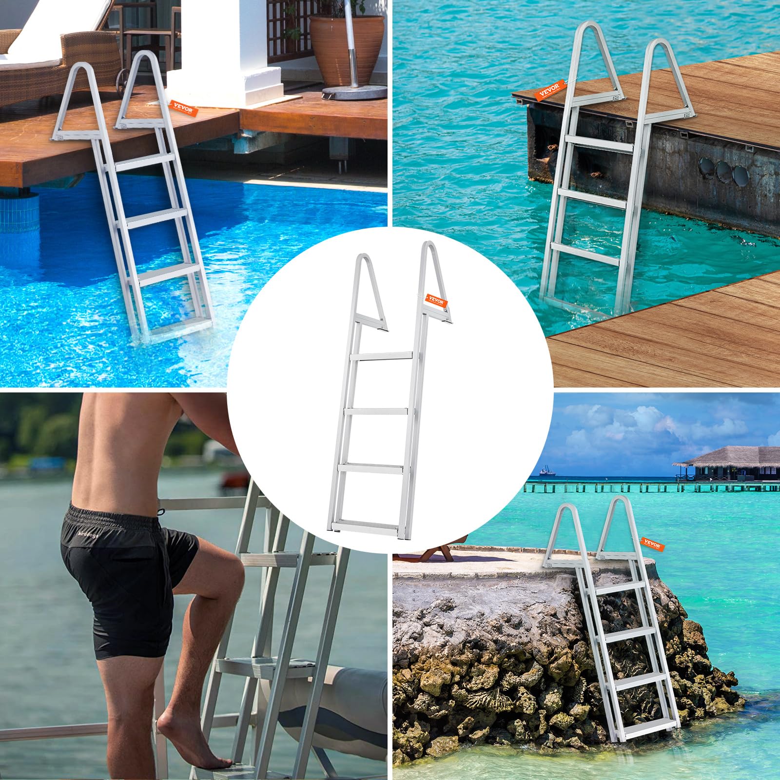 VEVOR Dock Ladder, Removable 4 Steps, 350 lbs Load Capacity, Aluminum Alloy Pontoon Boat Ladder with 4'' Wide Step & Nonslip Mat, Easy to Install for Ship/Lake/Pool/Marine Boarding 🍁 All In One Marketplace Canada