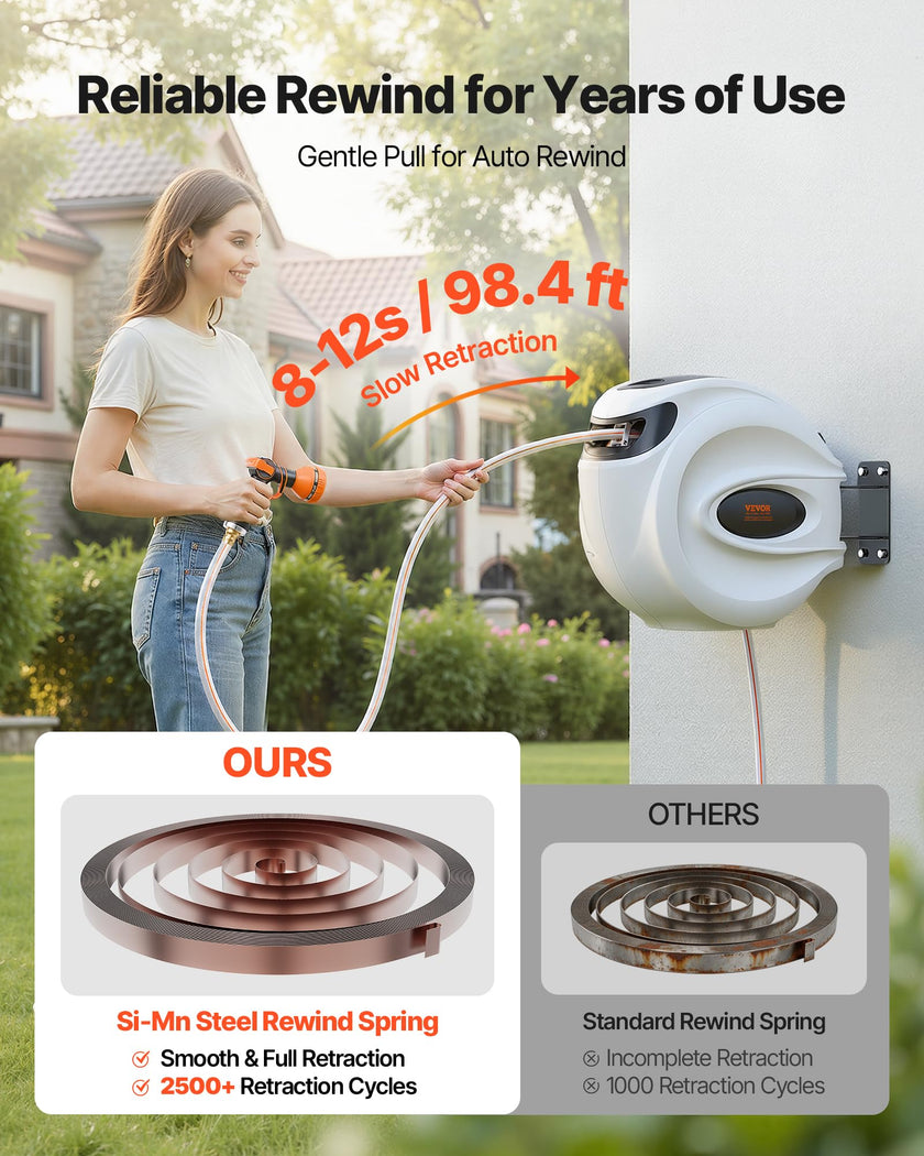 VEVOR Retractable Hose Reel, 100 ft x 1/2 inch, 180° Swivel Bracket Wall-Mounted, Garden Water Hose Reel with 9-Pattern Nozzle, Automatic Rewind, Lock at Any Length, and Slow Return System 🍁 All In One Marketplace Canada
