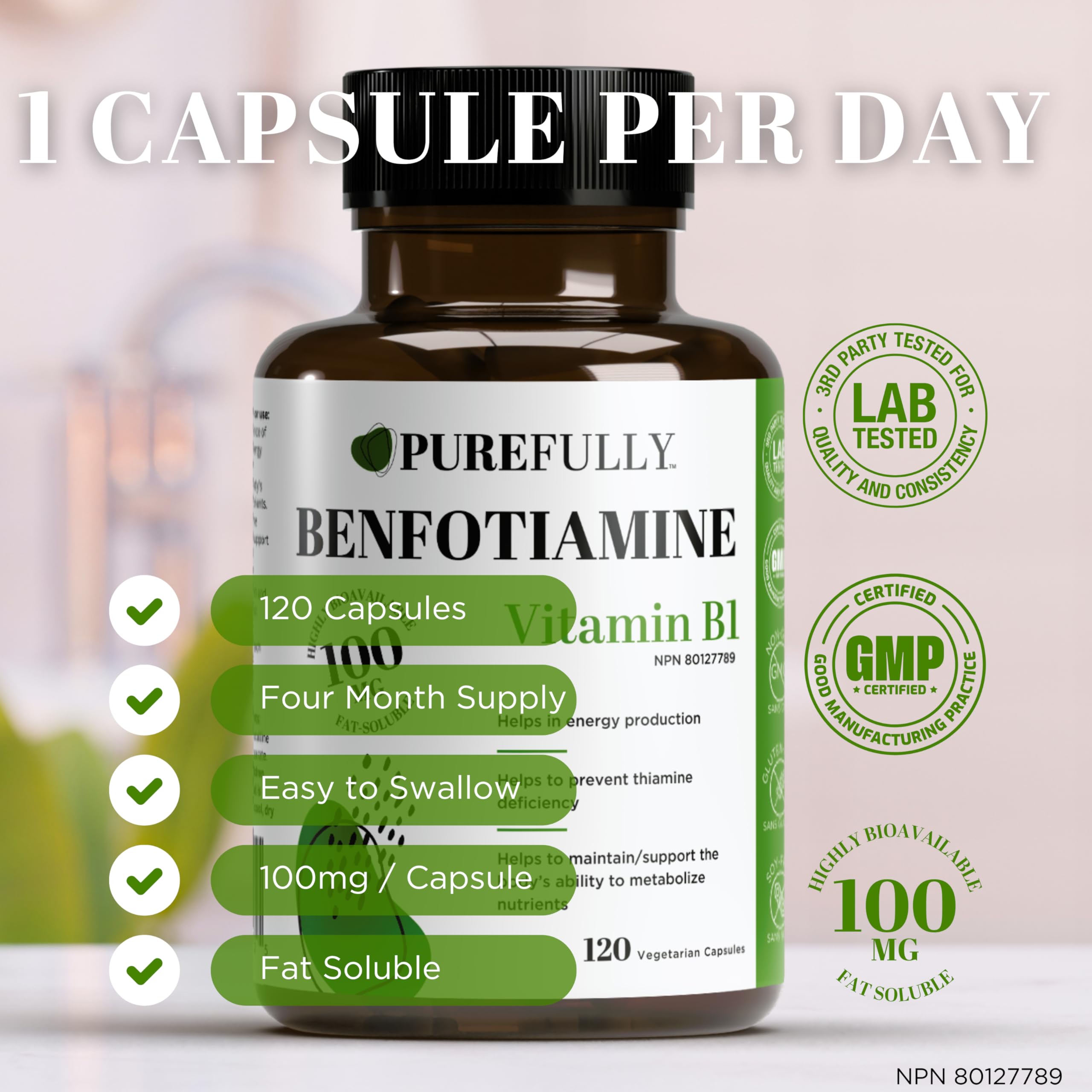 PUREFULLY Benfotiamine Vitamin B1/Thiamine 100mg, 120 Capsules - High Absorption Energy Support - Gluten Free, Non-GMO, Made in Canada 🍁 All In One Marketplace Canada