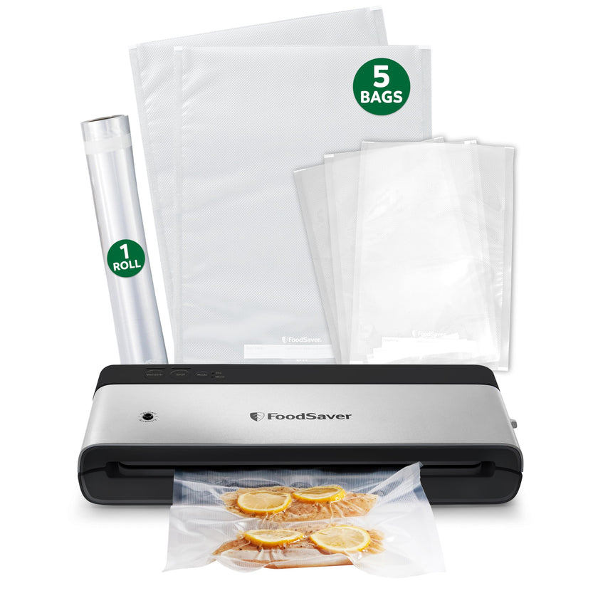 FoodSaver PowerVac Compact Vacuum Sealer Machine w/ Vertical Storage | 5 Airtight Vacuum Seal Bags & 1 Roll | VS0150 | Stainless Steel / Black 🍁 All In One Marketplace Canada