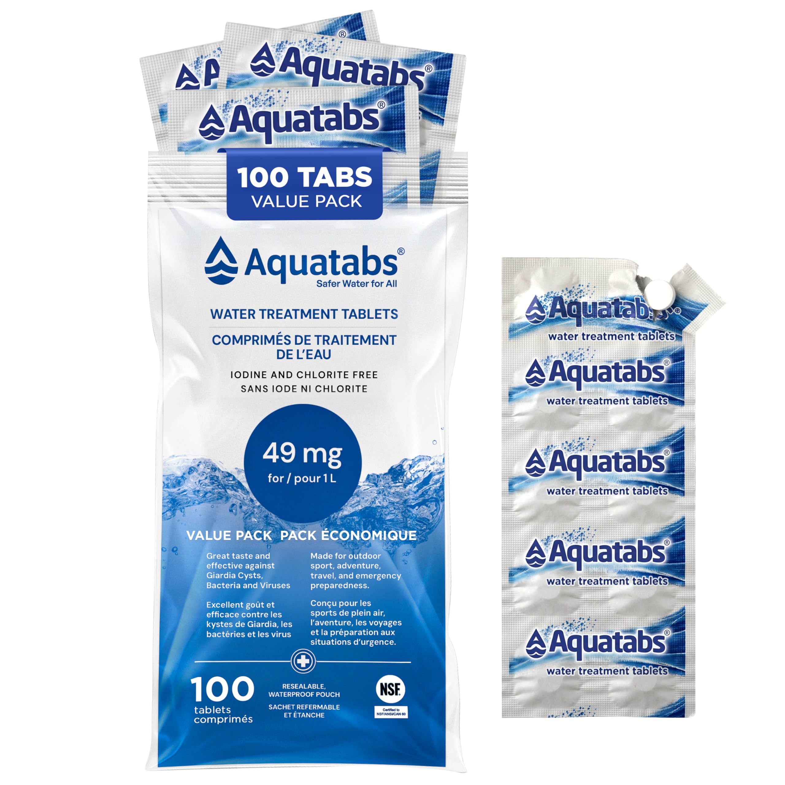 Aquatabs 49mg Water Treatment Tablets for 1L, 100-Tabs Value Pack (Plain Label) - Emergency Preparedness & Survival - Iodine & Chlorite-Free, NSF/ANSI/CAN 60 🍁 All In One Marketplace Canada