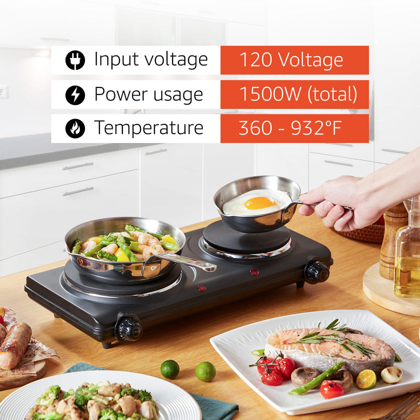 Elite Gourmet EDB-302BF# Countertop Double Cast Iron Burner, 1500 Watts Electric Hot Plate, Temperature Controls, Power Indicator Lights, Easy to Clean, Black 🍁 All In One Marketplace Canada