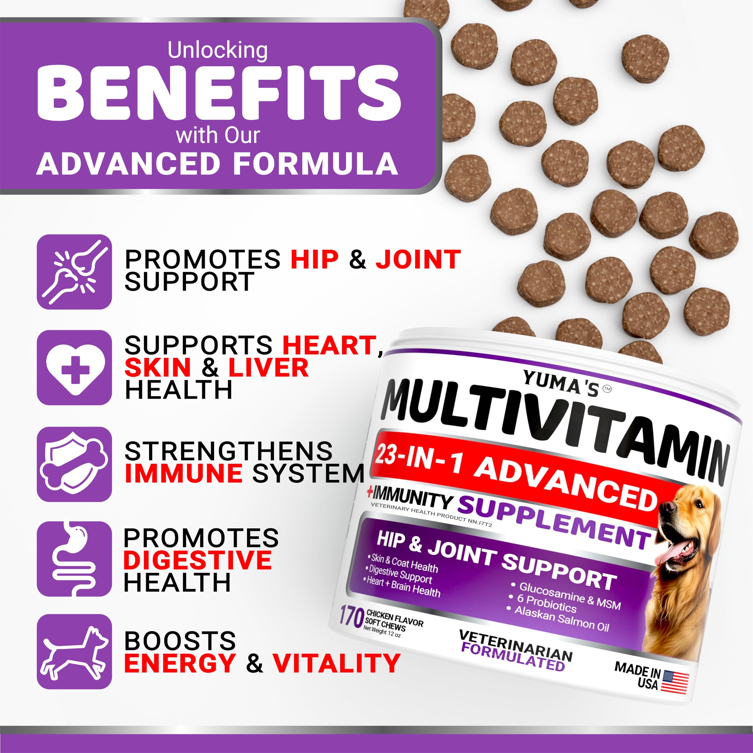 Dog Multivitamin Chewable with Glucosamine - 170 Chews - Dog Vitamins and Supplements 23 in 1 - Senior & Puppy Multivitamin for Dogs - Hip & Joint Support - Immune Health, Skin, Digestion 🍁 All In One Marketplace Canada