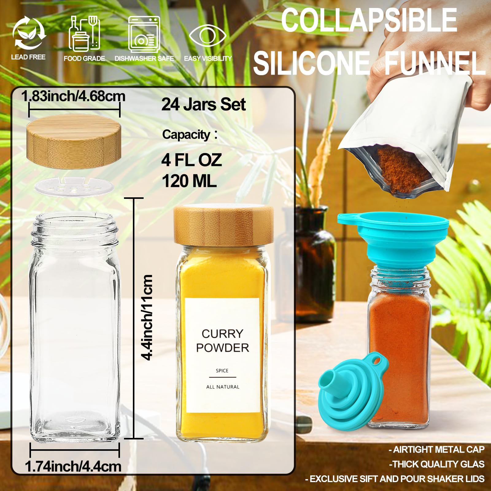 AISIPRIN 24 Pcs Glass Spice Jars with Bamboo Airtight Lids and 398 Labels, 4oz Empty Square Containers Seasoning Storage Bottles - Shaker Lids, Funnel, Brush and Marker Included 🍁 All In One Marketplace Canada