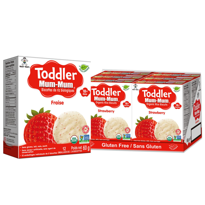 Want-Want Toddler Mum-Mum Rice Rusks, Strawberry, Gluten Free, Allergen Free, Non-GMO, Rice Teether Cookie for Teething Infants, 60gms, 24 Rusks per box - Case pack of 6 🍁 All In One Marketplace Canada