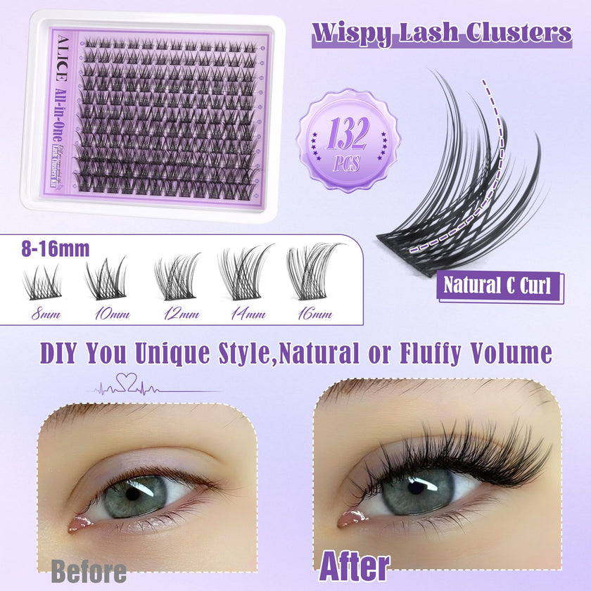 Wispy Lash Clusters Kit Natural Lash Extensions Kit DIY Cluster Eyelash Extensions C Curl 8-16mm Individual Lashes with Lash Remover Bond and Seal Soft Thin Band by ALICE 🍁 All In One Marketplace Canada