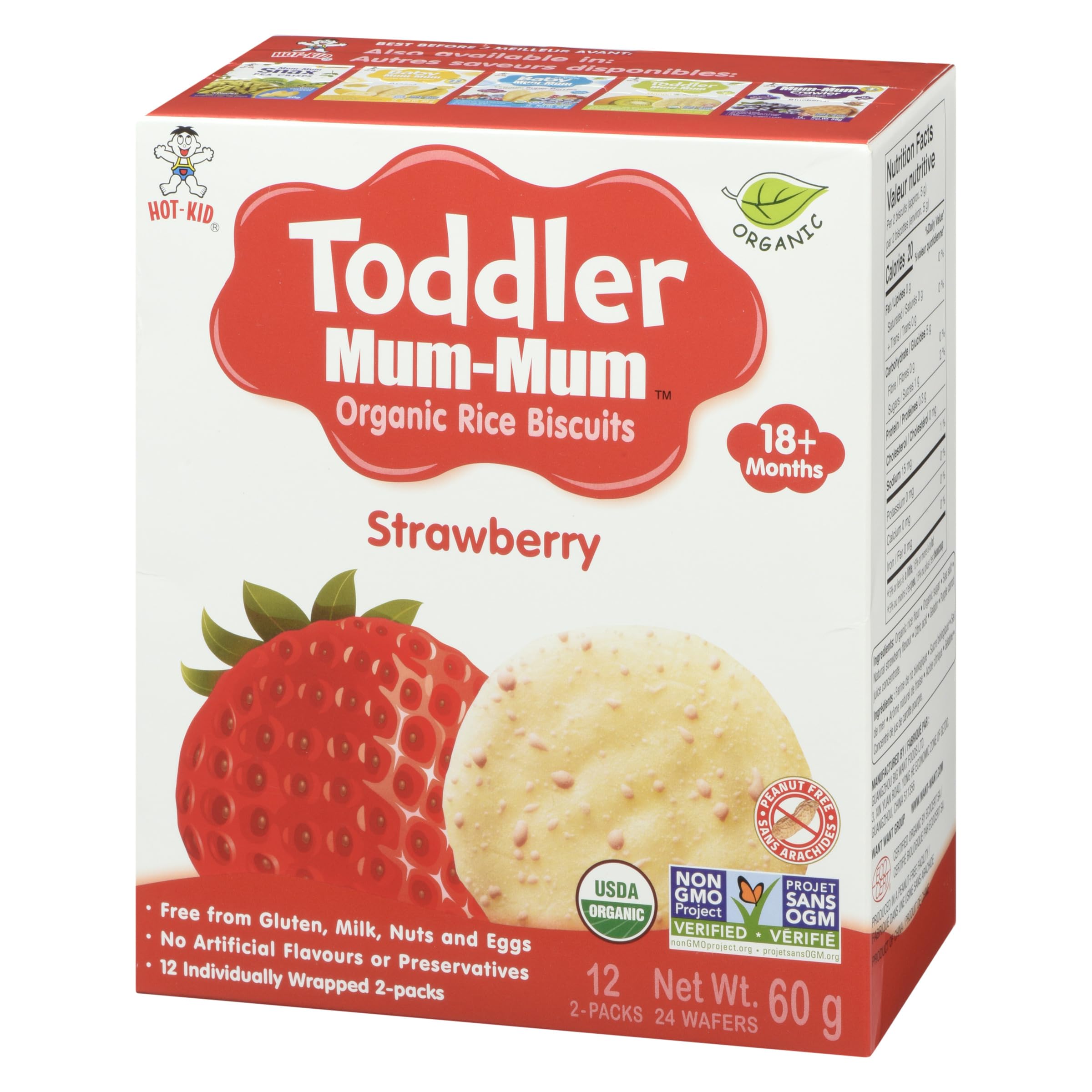 Want-Want Toddler Mum-Mum Rice Rusks, Strawberry, Gluten Free, Allergen Free, Non-GMO, Rice Teether Cookie for Teething Infants, 60gms, 24 Rusks per box - Case pack of 6 🍁 All In One Marketplace Canada