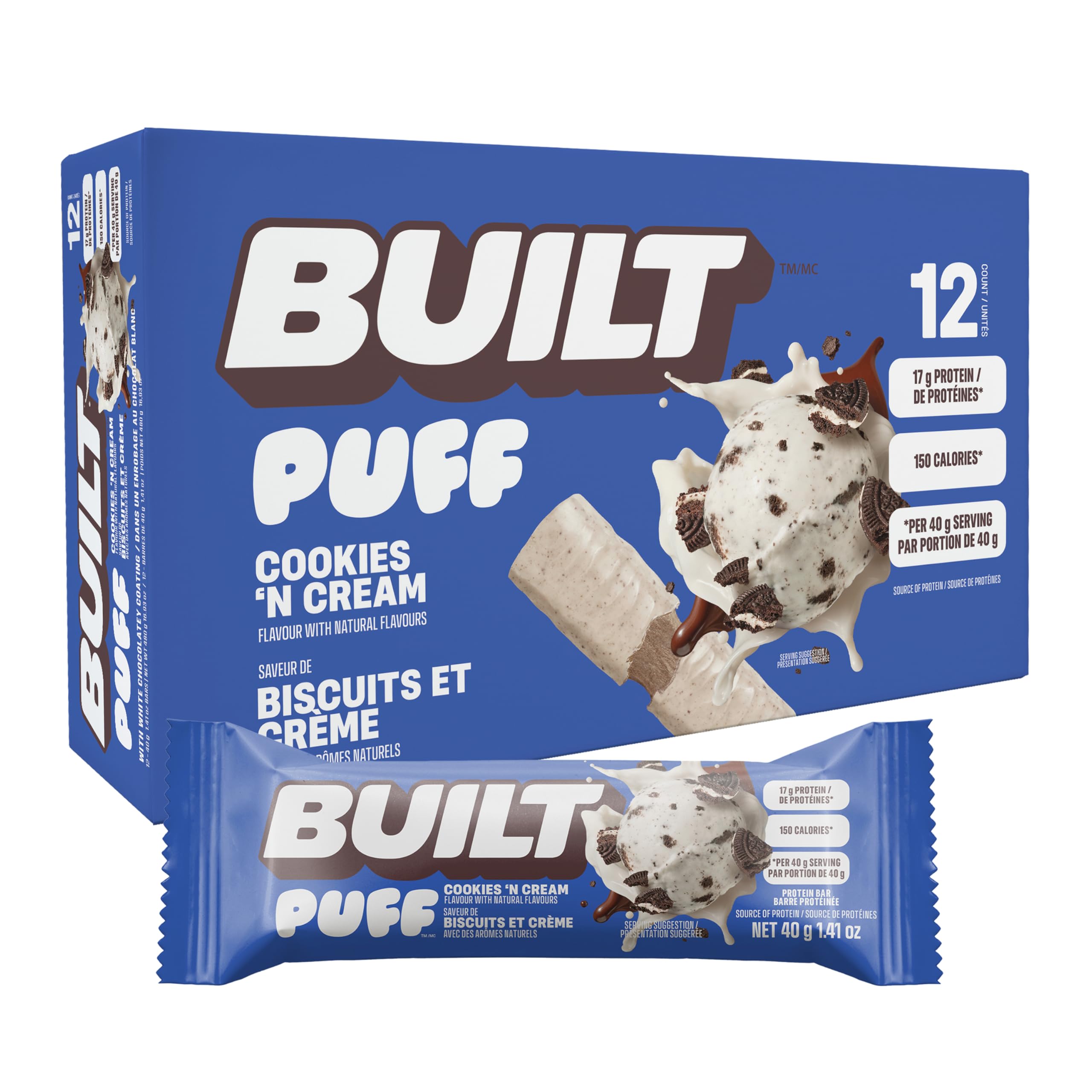 BUILT Puff Protein Bars, Cookies 'N Cream, 17g Protein - 12 Count 🍁 All In One Marketplace Canada