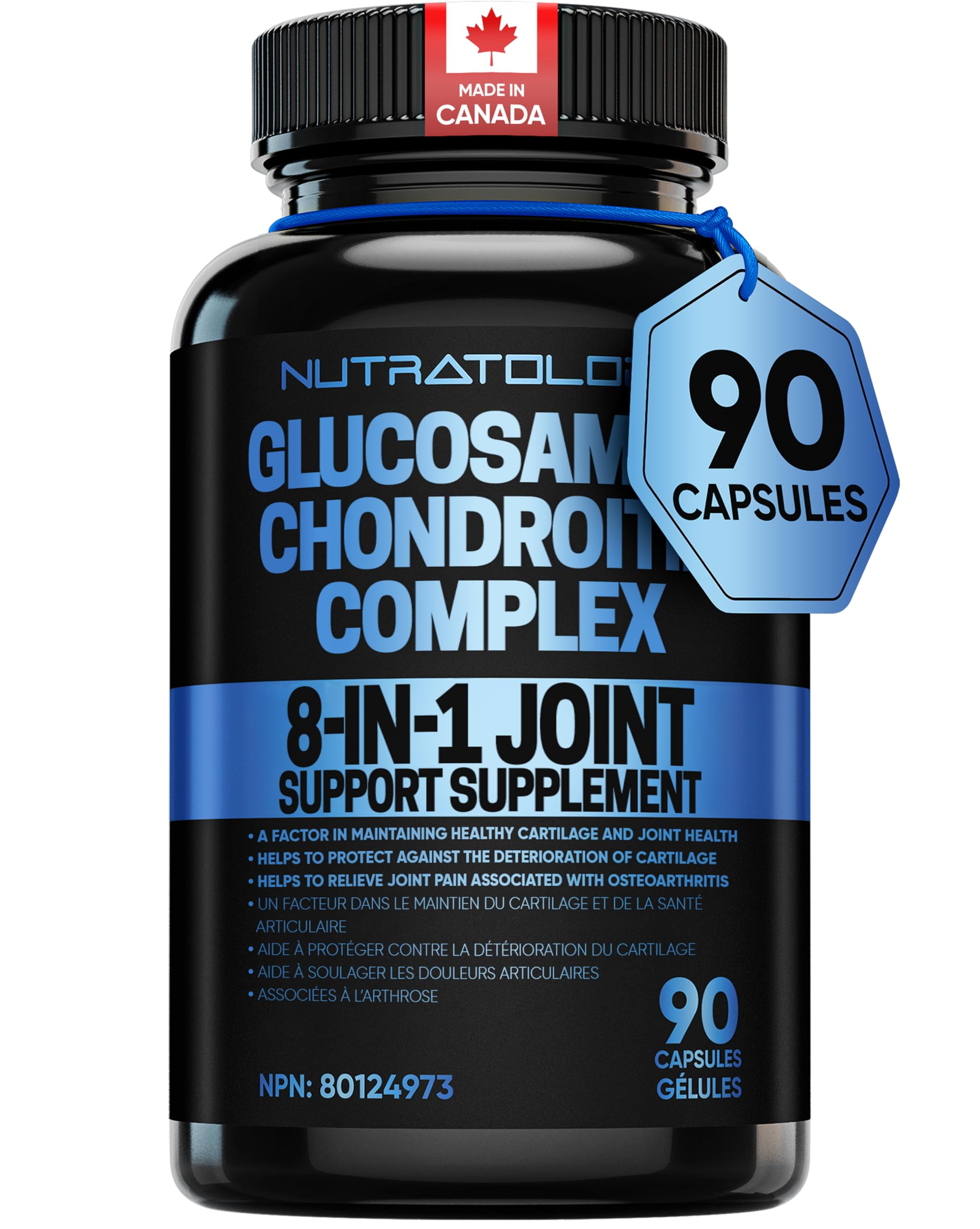 Nutratology® Glucosamine Joint Supplement with Chondroitin, MSM & Turmeric | Canadian-Made | Joint Pain Relief Supplements - 1500MG Glucosamine - Supports Healthy Joints & Cartilage - 90 Capsules 🍁 All In One Marketplace Canada