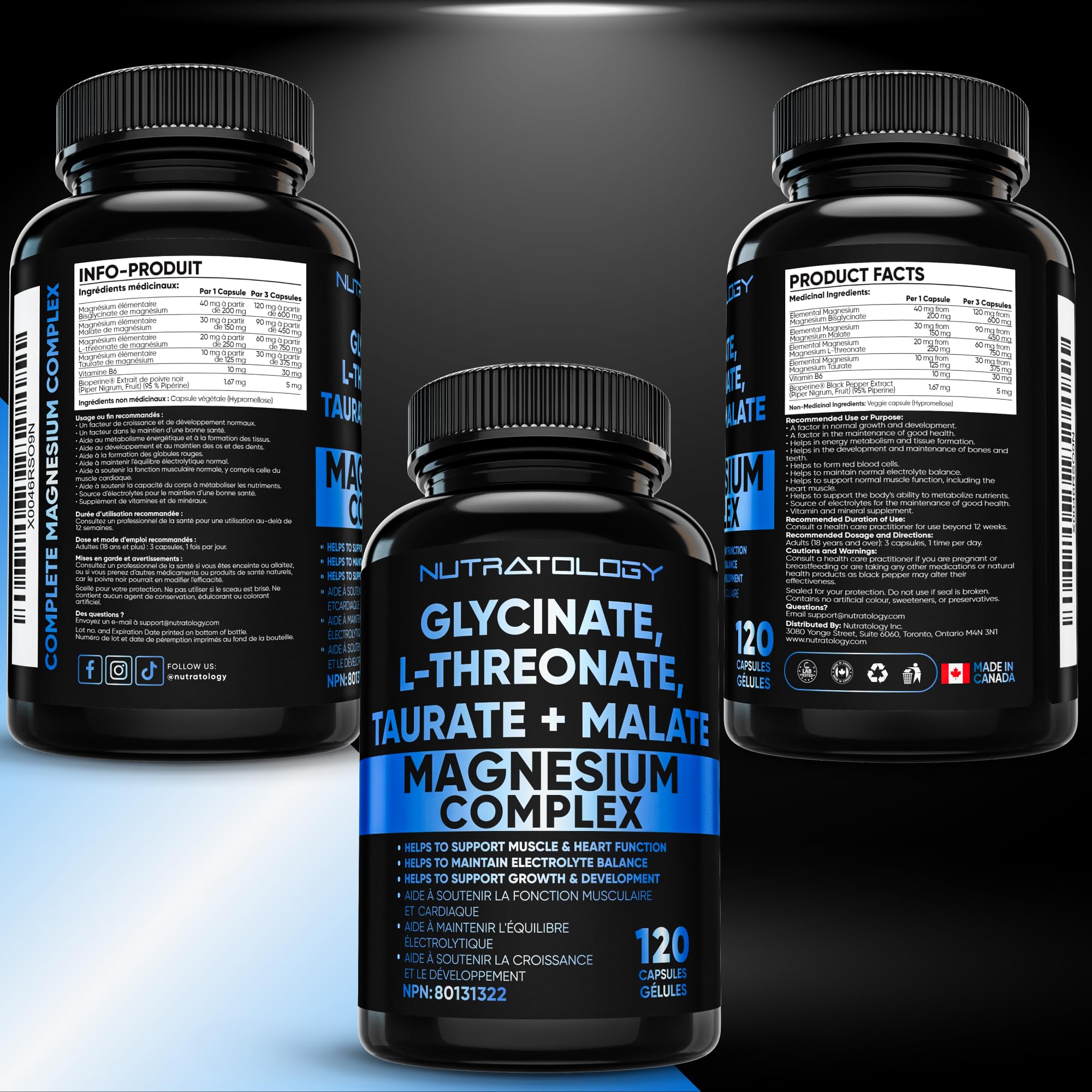 Nutratology Magnesium Complex - Glycinate, Malate, L-Threonate & Taurate With Vitamin B6 + Bioperine For Enhanced Absorption - Helps Support Healthy Bones, Muscles, Teeth & Heart - 100MG Elemental Magnesium Per Capsule - 120 Count