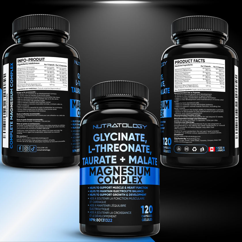Nutratology Magnesium Complex - Glycinate, Malate, L-Threonate & Taurate With Vitamin B6 + Bioperine For Enhanced Absorption - Helps Support Healthy Bones, Muscles, Teeth & Heart - 100MG Elemental Magnesium Per Capsule - 120 Count