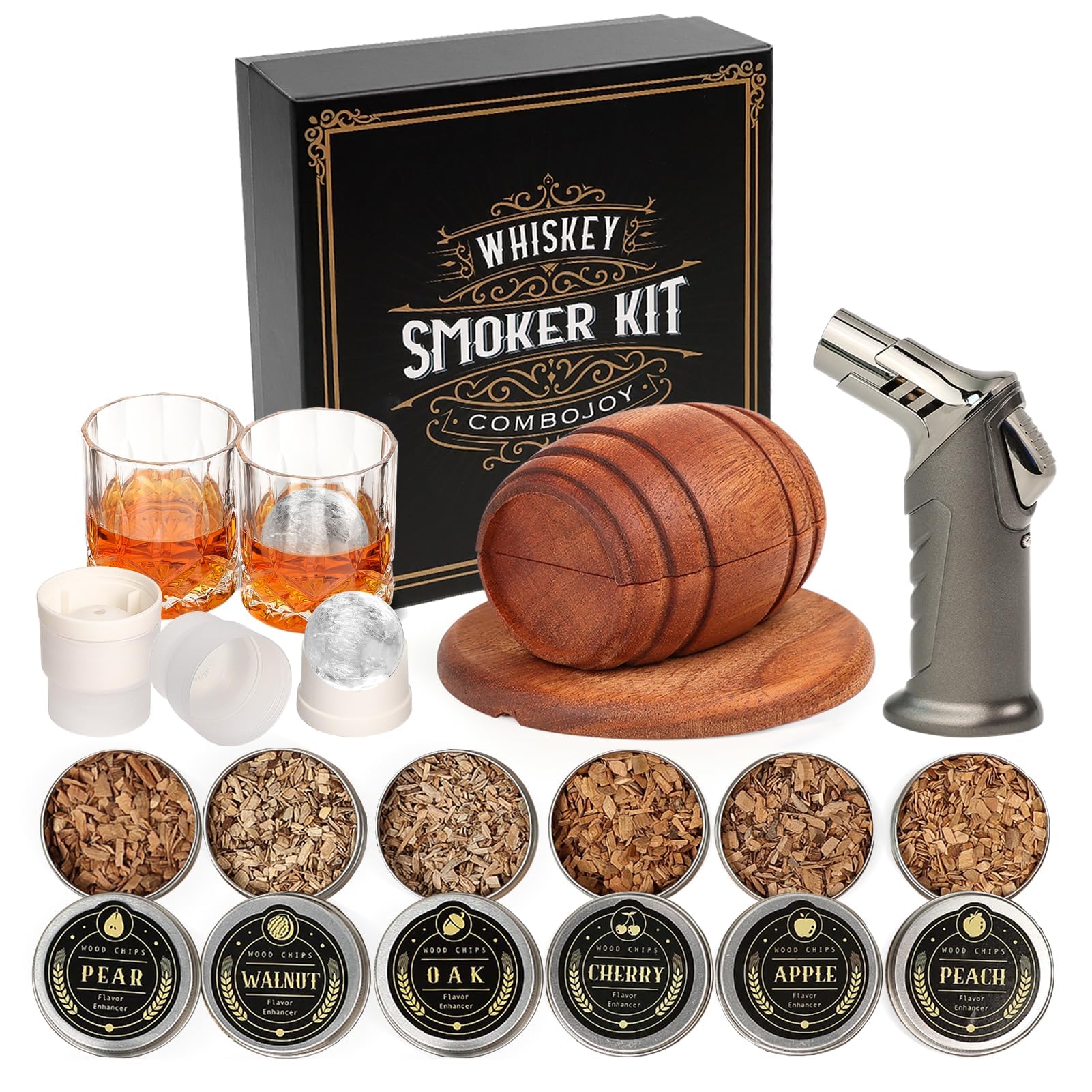 Whiskey Smoker Kit with Torch - 6 Flavors Wood Chips, 2 Glasses, 2 Ice Ball Molds - Cocktail Smoker Infuser Kit, Old Fashioned Drink Smoker Kit, Birthday Bourbon Whiskey Gifts for Men,Dad(NO Butane) 🍁 All In One Marketplace Canada