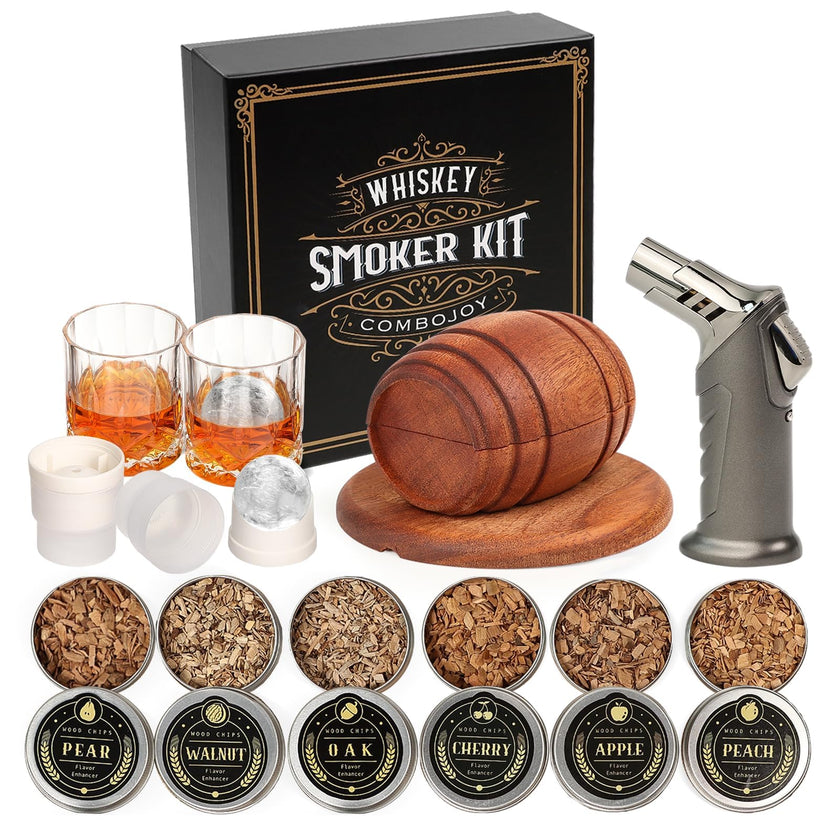 Whiskey Smoker Kit with Torch - 6 Flavors Wood Chips, 2 Glasses, 2 Ice Ball Molds - Cocktail Smoker Infuser Kit, Old Fashioned Drink Smoker Kit, Birthday Bourbon Whiskey Gifts for Men,Dad(NO Butane) 🍁 All In One Marketplace Canada