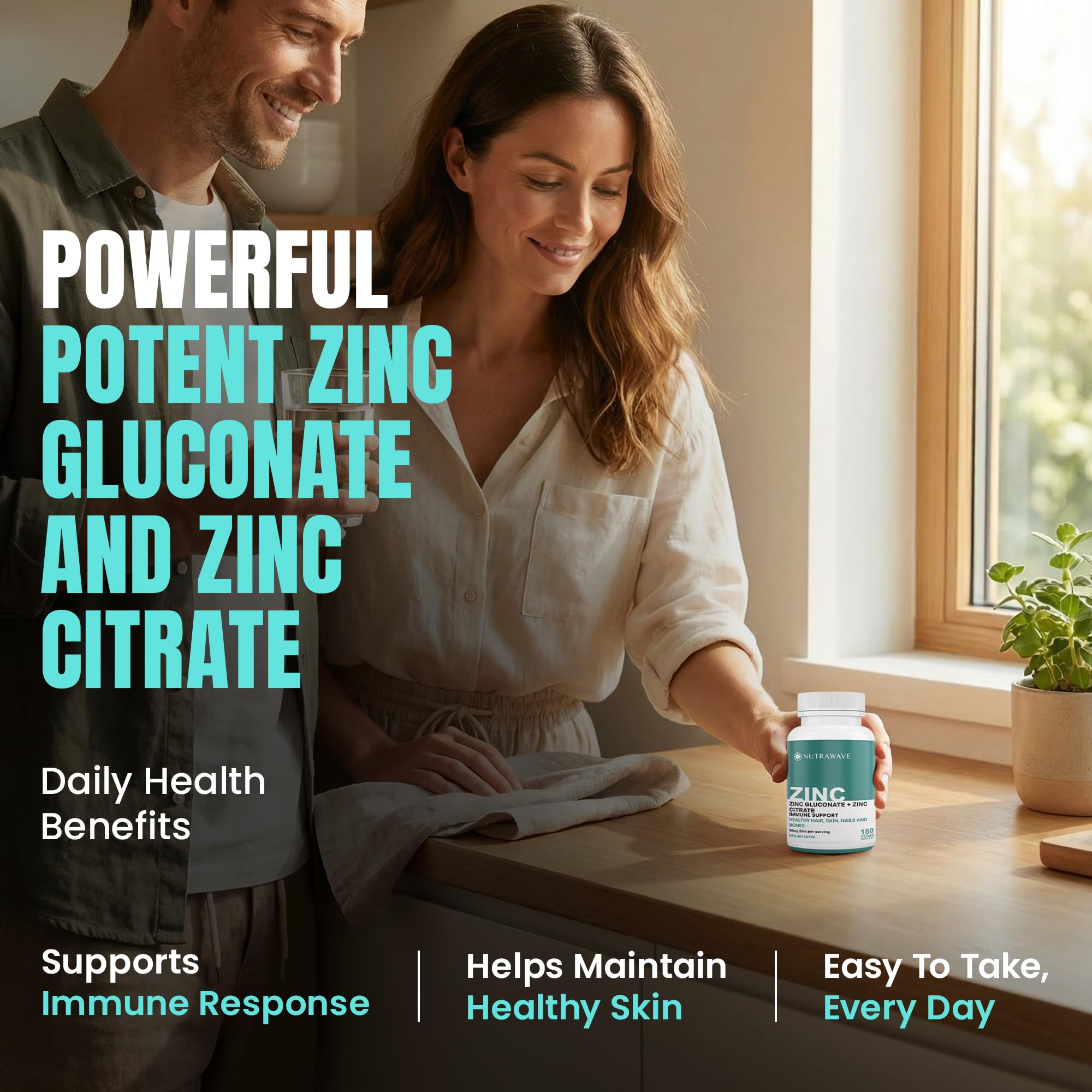 Nutrawave 2-IN-1 Zinc Supplements, High Absorption Formula 50 mg Zinc Gluconate + Zinc Citrate Chelated Stomach-Friendly Immune Booster, Healthy Skin, Hair, Nails & Bones, For Men & Women, Vegan, 6-Month Supply 🍁 All In One Marketplace Canada