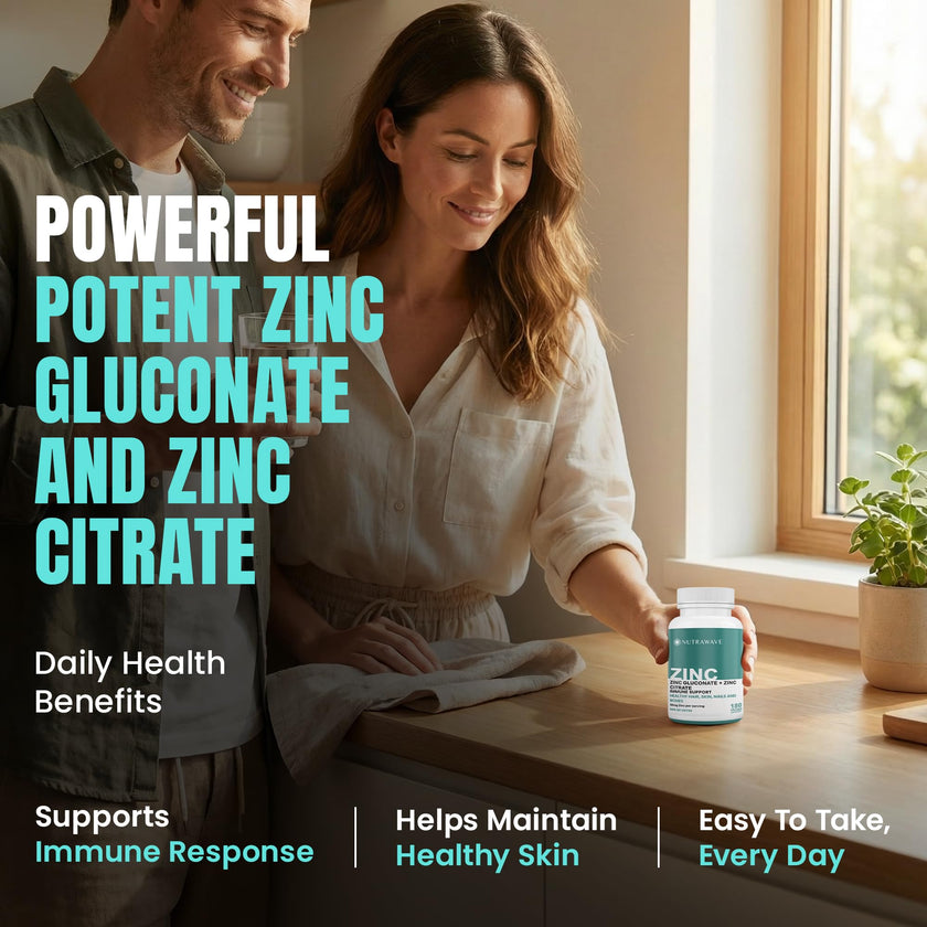 Nutrawave 2-IN-1 Zinc Supplements, High Absorption Formula 50 mg Zinc Gluconate + Zinc Citrate Chelated Stomach-Friendly Immune Booster, Healthy Skin, Hair, Nails & Bones, For Men & Women, Vegan, 6-Month Supply 🍁 All In One Marketplace Canada