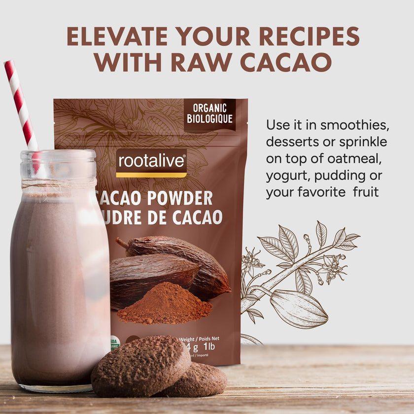 Rootalive Organic Raw Cacao Powder 454g (1lb), Premium Unroasted Cacao Bean powder in a Resealable Bag, Raw, Unsweetened, Vegetarian and Gluten-Free 🍁 All In One Marketplace Canada