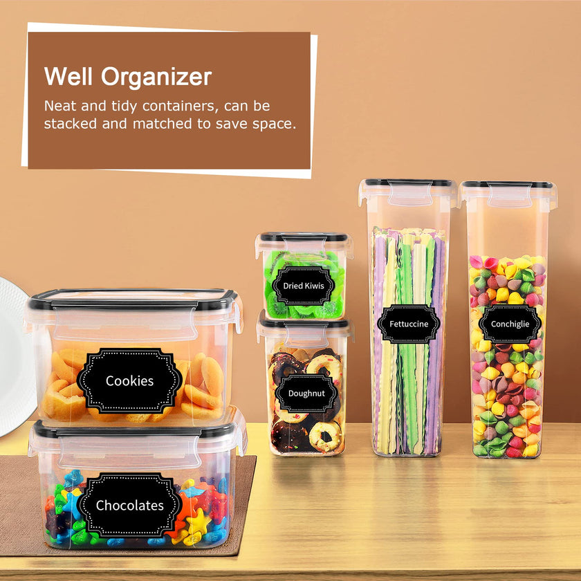 PRAKI Airtight Food Storage Container Set with Lids, 16 Pcs Plastic Dry Food Canisters for Kitchen Pantry Organizers and Storage, Ideal for Cereal, Flour & Sugar - Labels, Marker(Black) 🍁 All In One Marketplace Canada