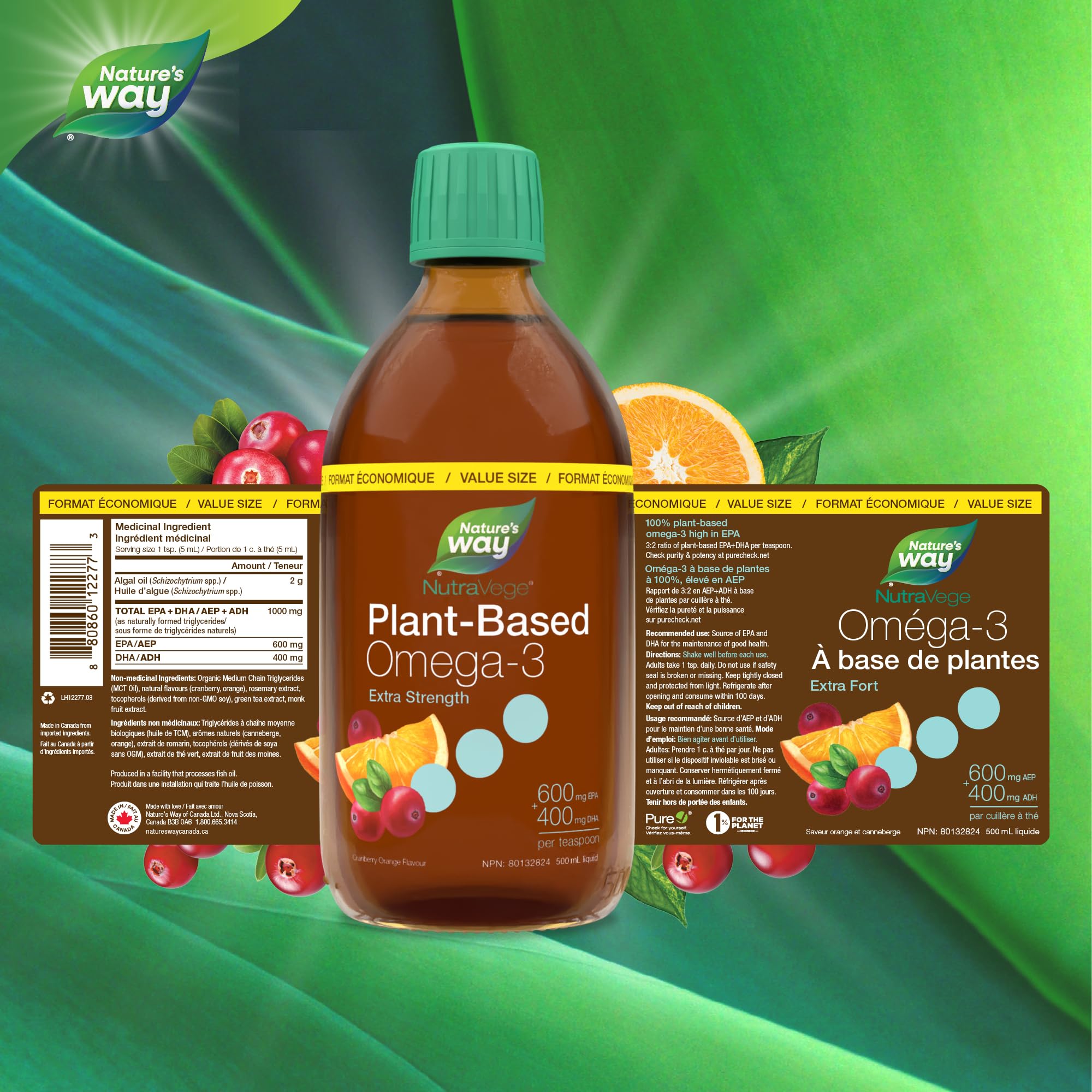 Nature's Way NutraVege Plant-based Omega-3 Supplement, Extra Strength Formula, Vegetarian, EPA + DHA from Algal Oil, Vegan, Cranberry Orange Flavour, 500 mL Liquid, Value Size 🍁 All In One Marketplace Canada