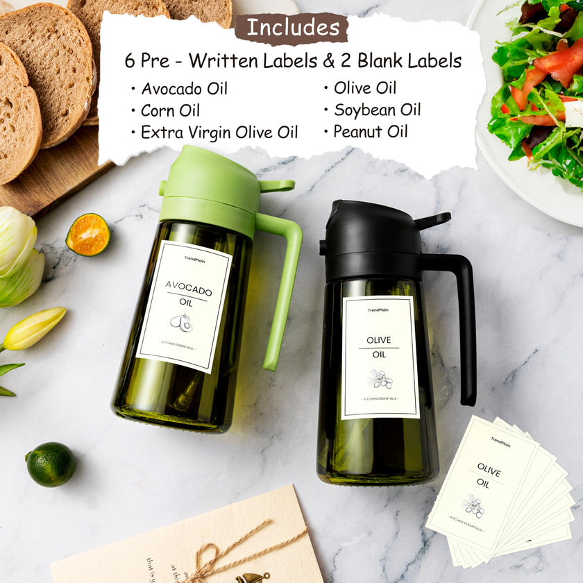 TrendPlain 470ml Olive Oil Dispenser Bottle for Kitchen Gadgets - 2 in 1 Dispenser and Sprayer - Olive Oil Spray Bottle w/Stickers (Light Blockage) - BPA Free - Black&Green 🍁 All In One Marketplace Canada