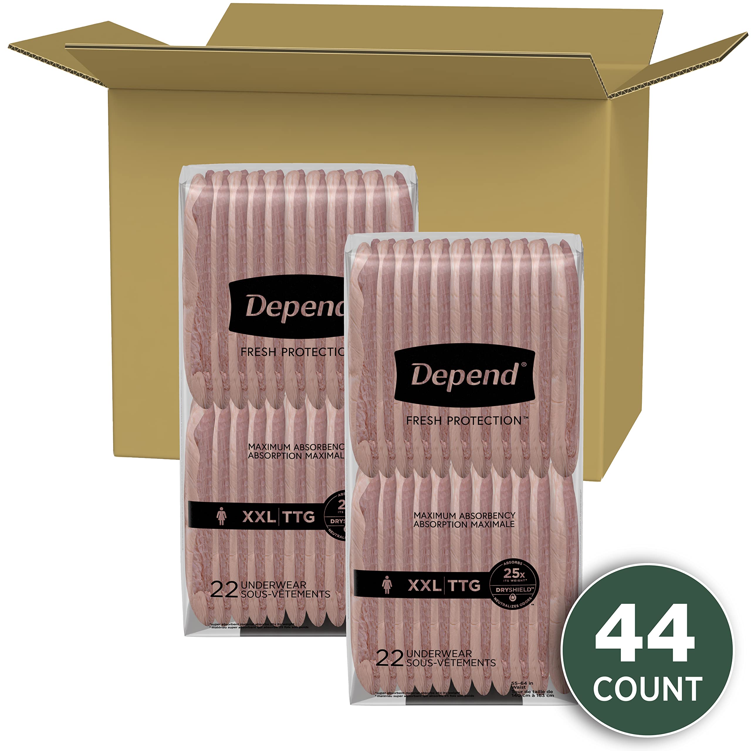 Depend Fresh Protection Adult Incontinence Underwear for Women (Formerly Depend Fit-Flex), Disposable, Maximum, Extra-Extra-Large, Blush, 44 Count (2 Packs of 22) 🍁 All In One Marketplace Canada