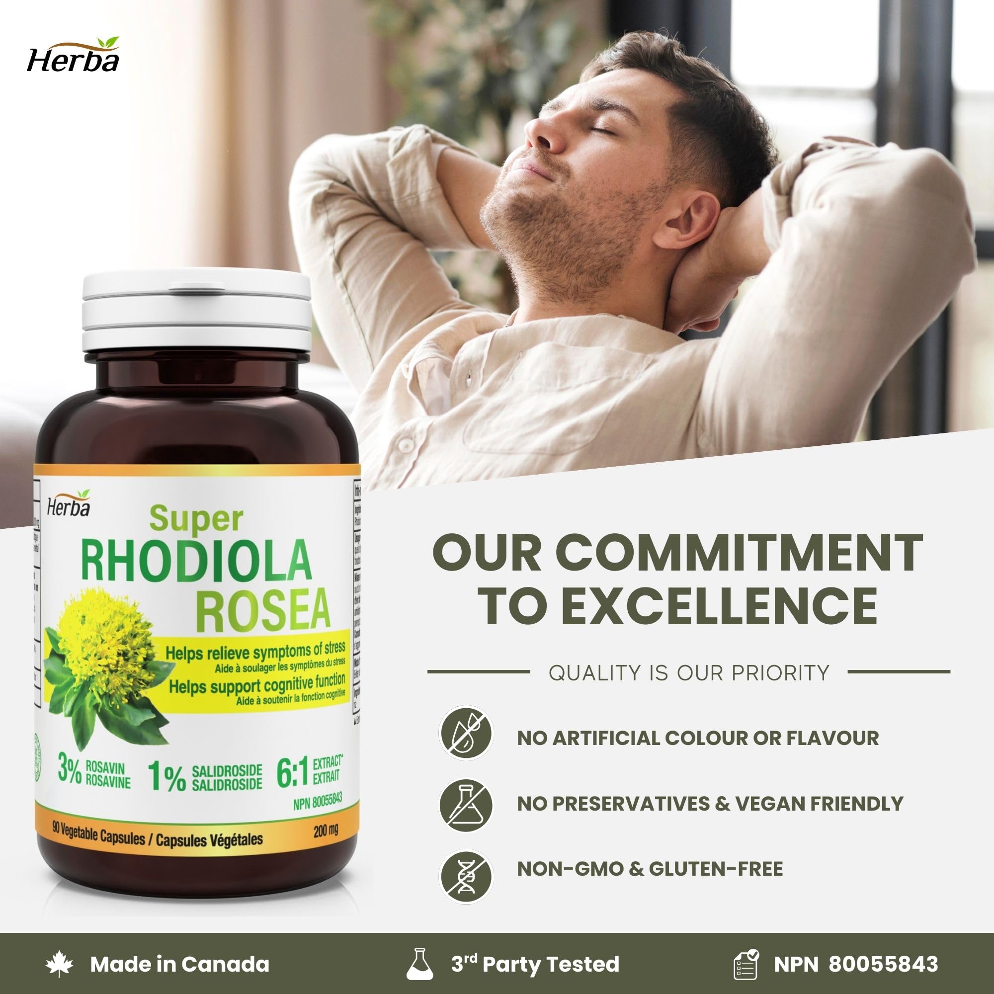 Herba Rhodiola Rosea Supplement 200mg - 90 Capsules | 6:1 Extract | Rhodiola Supplement with Min 3% Rosavins and 1% Salidrosides | Help Relieve Symptoms of Stress | Made in Canada 🍁 All In One Marketplace Canada