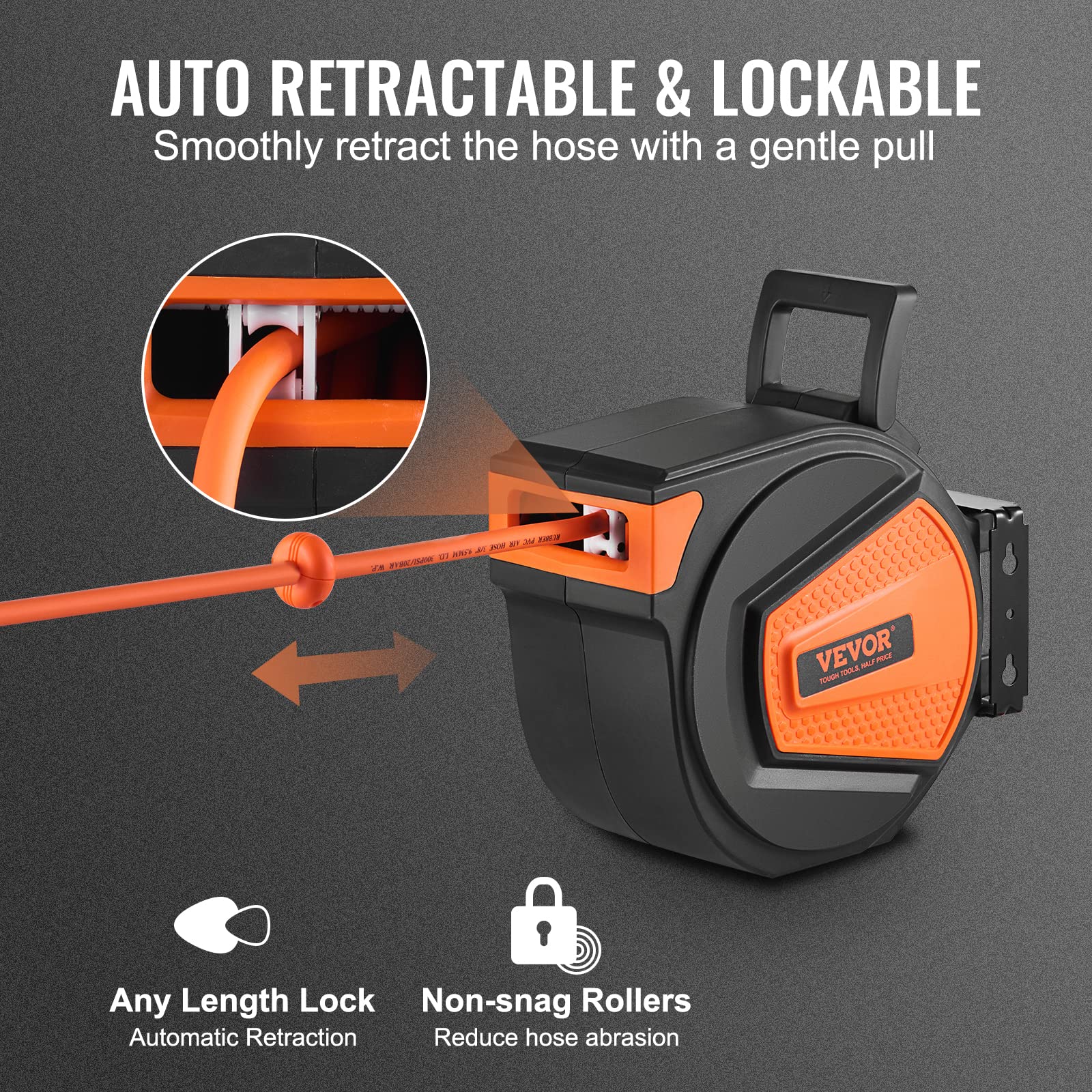 VEVOR Retractable Air Hose Reel, 3/8 in x 50 FT Hybrid Air Hose Max 300PSI, Air Compressor Hose Reel with 5 ft Lead in, Ceiling/Wall Mount Enclosed Air Reel, 180° Swivel Mount 🍁 All In One Marketplace Canada