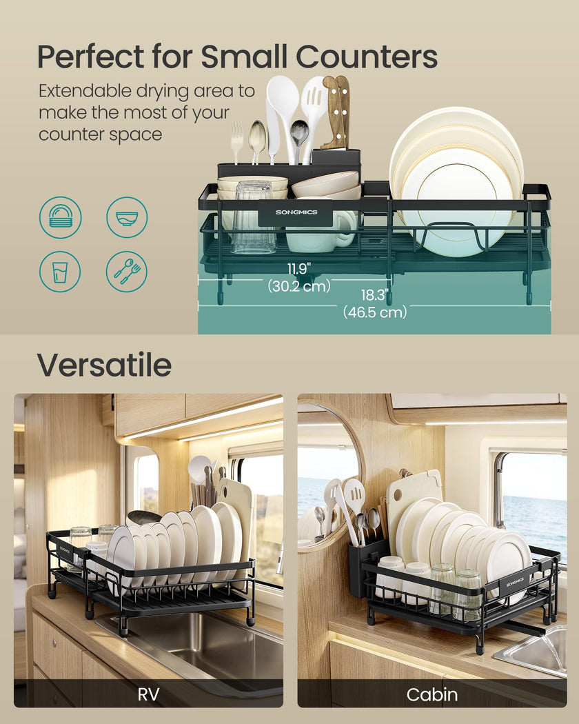 SONGMICS Dish Drainer Rack, Large Extendable Draining Board Rack for Small Spaces, 360° Rotating Extendable Spout, Kitchen Sink Drainer, Steel, 46.5 x 29.6 x 14 cm, Ink Black KCS556BH01 🍁 All In One Marketplace Canada