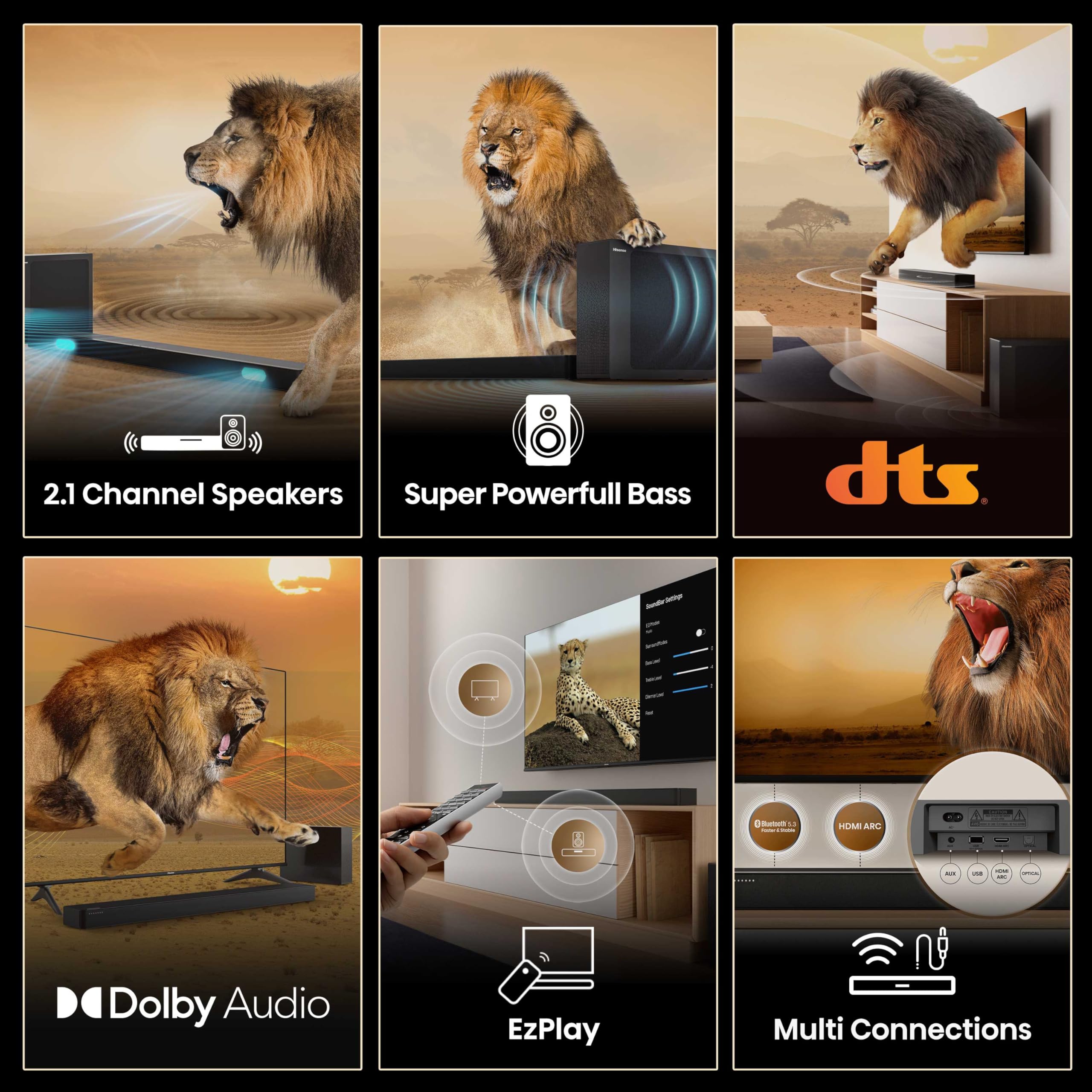Hisense HS2100 2.1 Channel 240W Soundbar with Wireless Subwoofer, Powered by Dolby Audio, Roku TV Ready, Bluetooth 5.3/HDMI ARC/Optical/AUX/USB, 6 Tailored Sound Modes 🍁 All In One Marketplace Canada