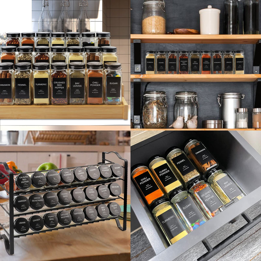 AISIPRIN 24 Pcs Glass Spice Jars with 398 Labels, 4oz Empty Square Containers Seasoning Bottles - Shaker Lids, Funnel, Brush and Marker Included(Black Metal Caps) 🍁 All In One Marketplace Canada