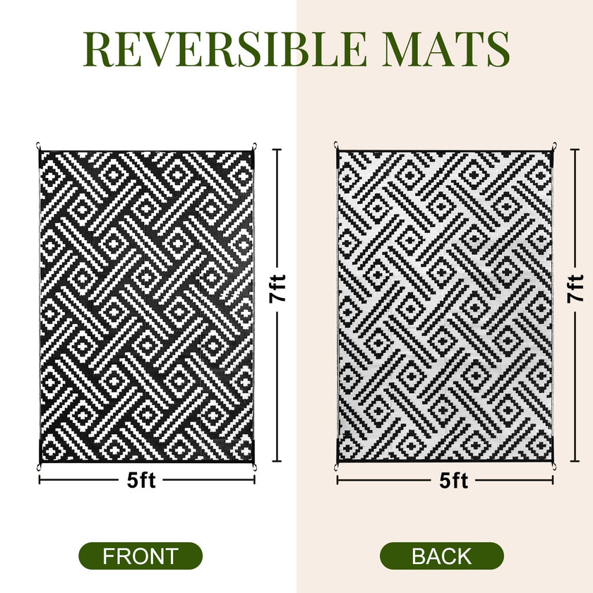OPPODREAM Outdoor Rug 5x7 Ft, Waterproof Outdoor Plastic Straw Rug for Patio, Reversible Out Door Carpet for Camping, Deck, Rv, 5 x 7 Area Carpet Balcony, Porch, Backyard, Black and White 🍁 All In One Marketplace Canada