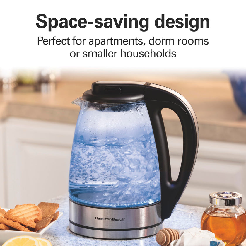 Hamilton Beach Glass Electric Kettle, 1 L, 1500W Fast Boiling Water Boiler, Cordless, Soft Blue LED Light, Auto Shutoff & Boil-Dry Protection, BPA-Free, Compact Size (40930JC) 🍁 All In One Marketplace Canada