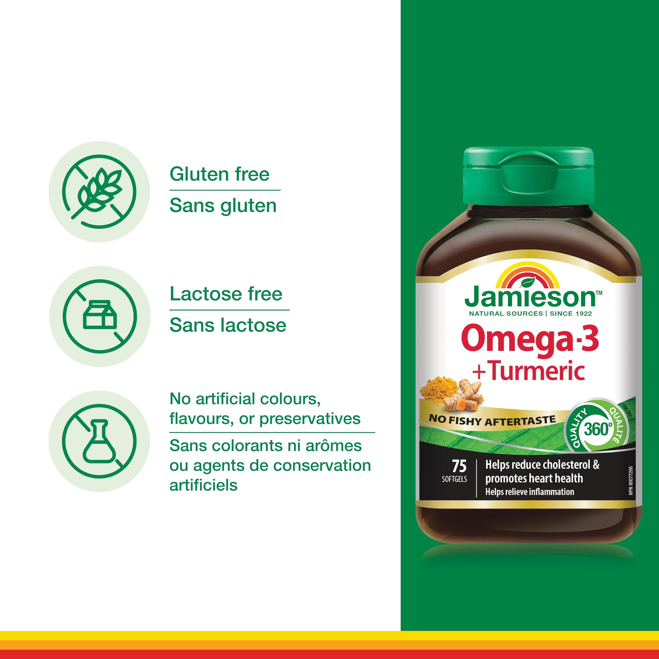 Jamieson Omega-3 + Turmeric Softgels, No Fishy Aftertaste, Supports Heart, Brain, and Joint Health. Fish Oil, Reduces Cholesterol and Inflammation, with EPA and DHA, Gluten-Free, 75 Count, Proudly Canadian 🍁 All In One Marketplace Canada