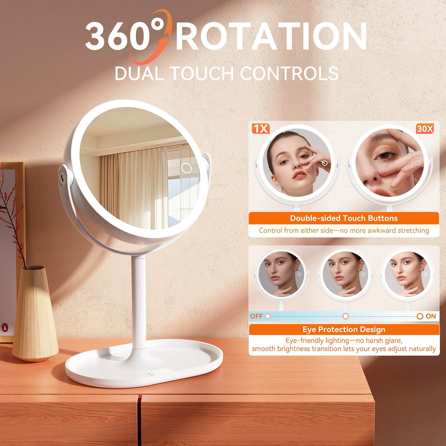 Auxmir 30X/1X Magnifying Mirror with Light, Double-Sided Makeup Mirror with Storage Base&Touch Control, Rechargeable Vanity Mirror with 360°Rotation for Dressing Table Bathroom Bedroom Travel 🍁 All In One Marketplace Canada