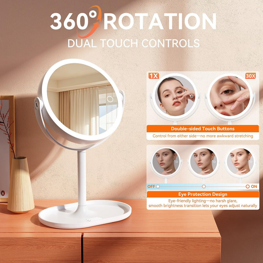 Auxmir 30X/1X Magnifying Mirror with Light, Double-Sided Makeup Mirror with Storage Base&Touch Control, Rechargeable Vanity Mirror with 360°Rotation for Dressing Table Bathroom Bedroom Travel 🍁 All In One Marketplace Canada