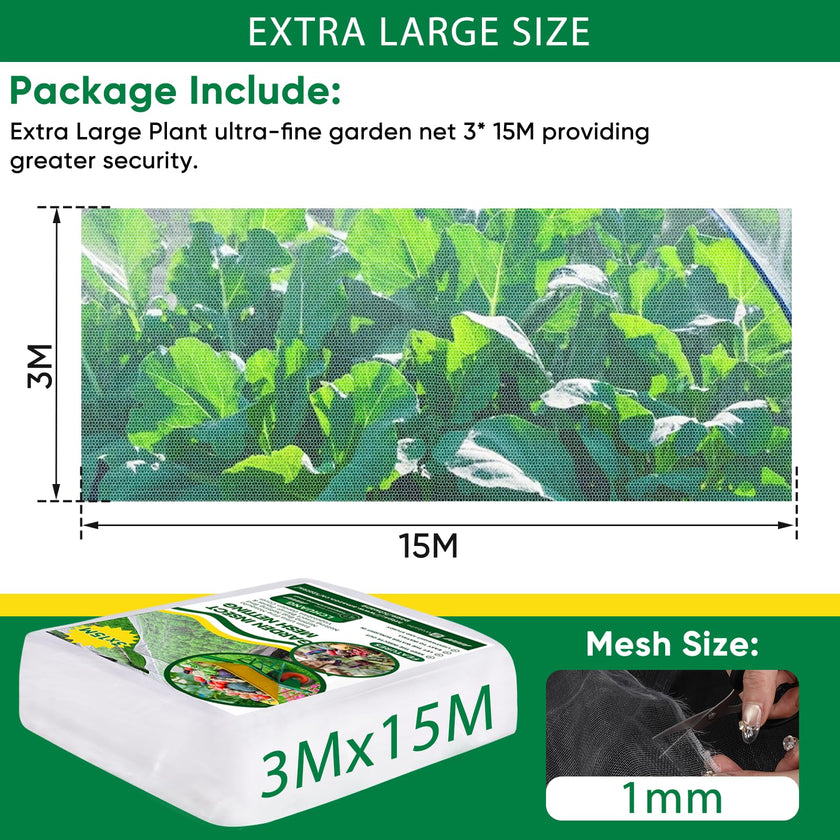 Ultra Fine Insect Mesh Garden Netting 3M x 15M, Extra Large Insect & Bird Barrier Netting, Crop Protection Plants Netting for Vegetables, Fruit Trees, Greenhouse, Customizable Plant Cover Protection 🍁 All In One Marketplace Canada