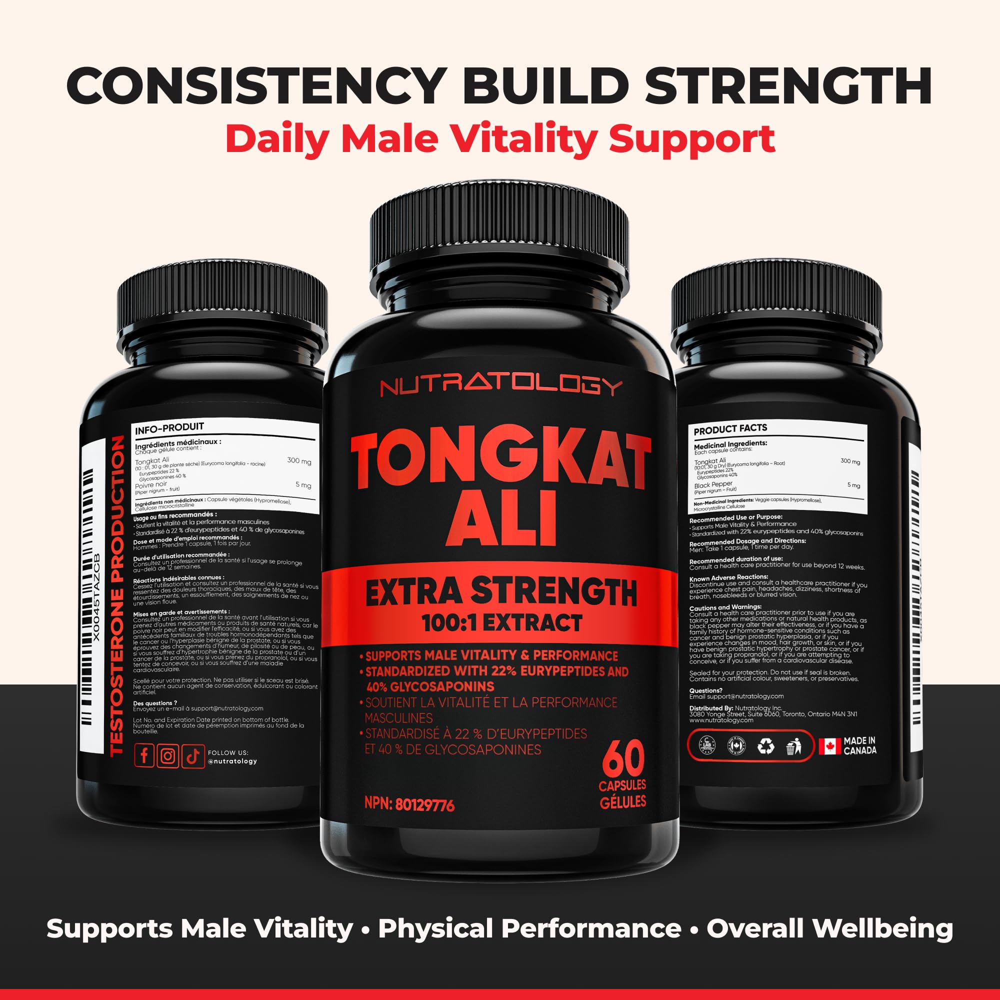 Nutratology® Tongkat Ali Supplement For Men | Canadian Made | 100:1 Extra Strength Tongkat Ali Extract + Black Pepper | Supports Male Vitality & Performance | 60 Capsules 🍁 All In One Marketplace Canada