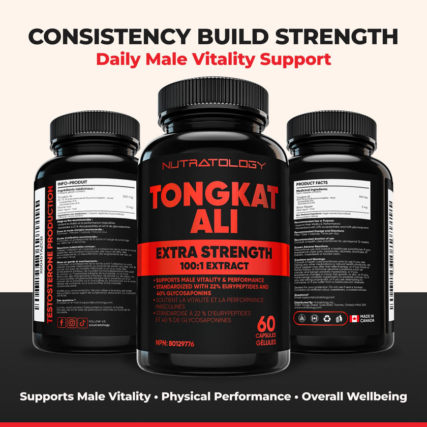 Nutratology® Tongkat Ali Supplement For Men | Canadian Made | 100:1 Extra Strength Tongkat Ali Extract + Black Pepper | Supports Male Vitality & Performance | 60 Capsules 🍁 All In One Marketplace Canada