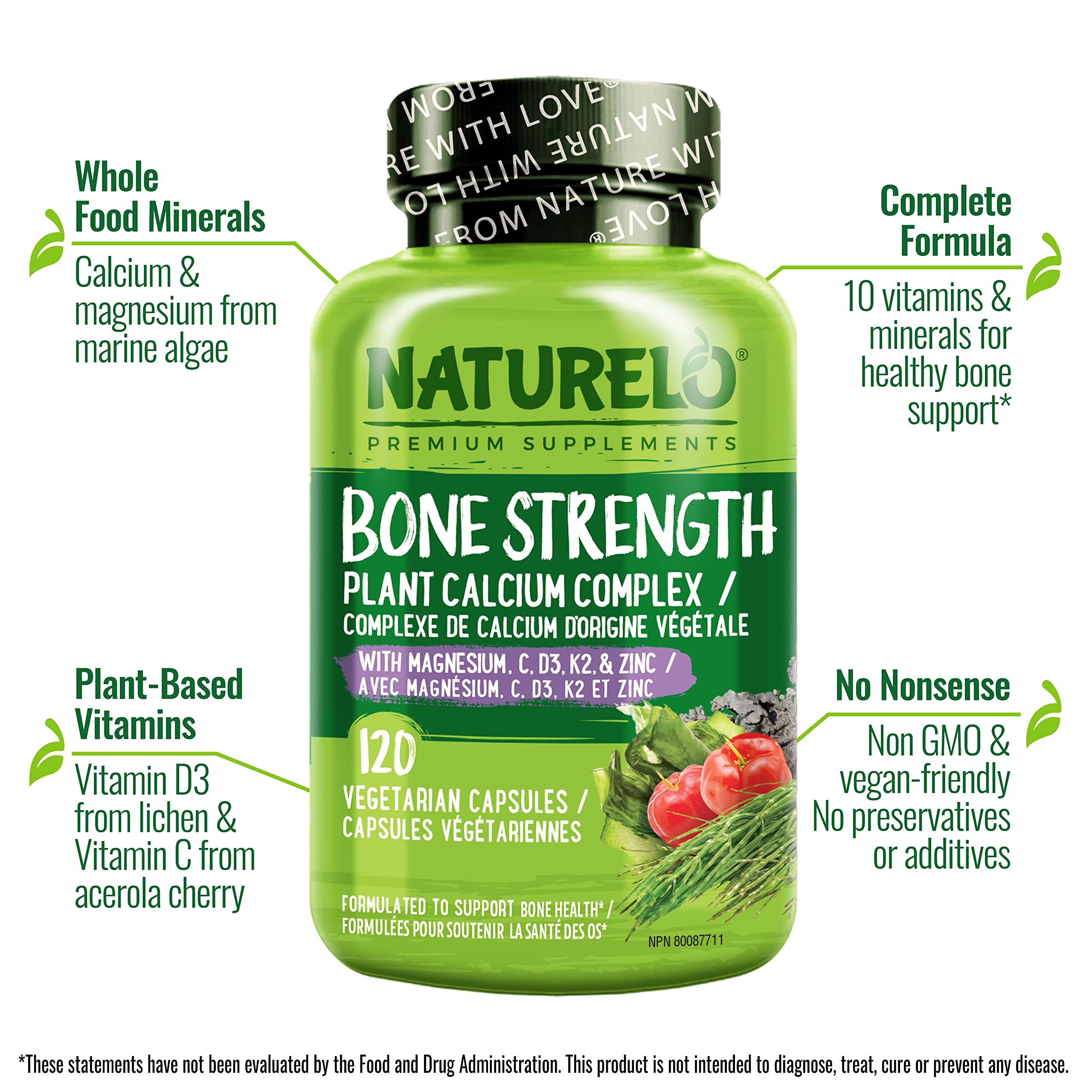 NATURELO Calcium Supplement with Vitamin C, D3, K2, Magnesium & Zinc for Bone Strength, 120 Vegetarian Capsules, with Plant-Based Calcium 600mg, Non-GMO, Soy & Gluten-Free 🍁 All In One Marketplace Canada