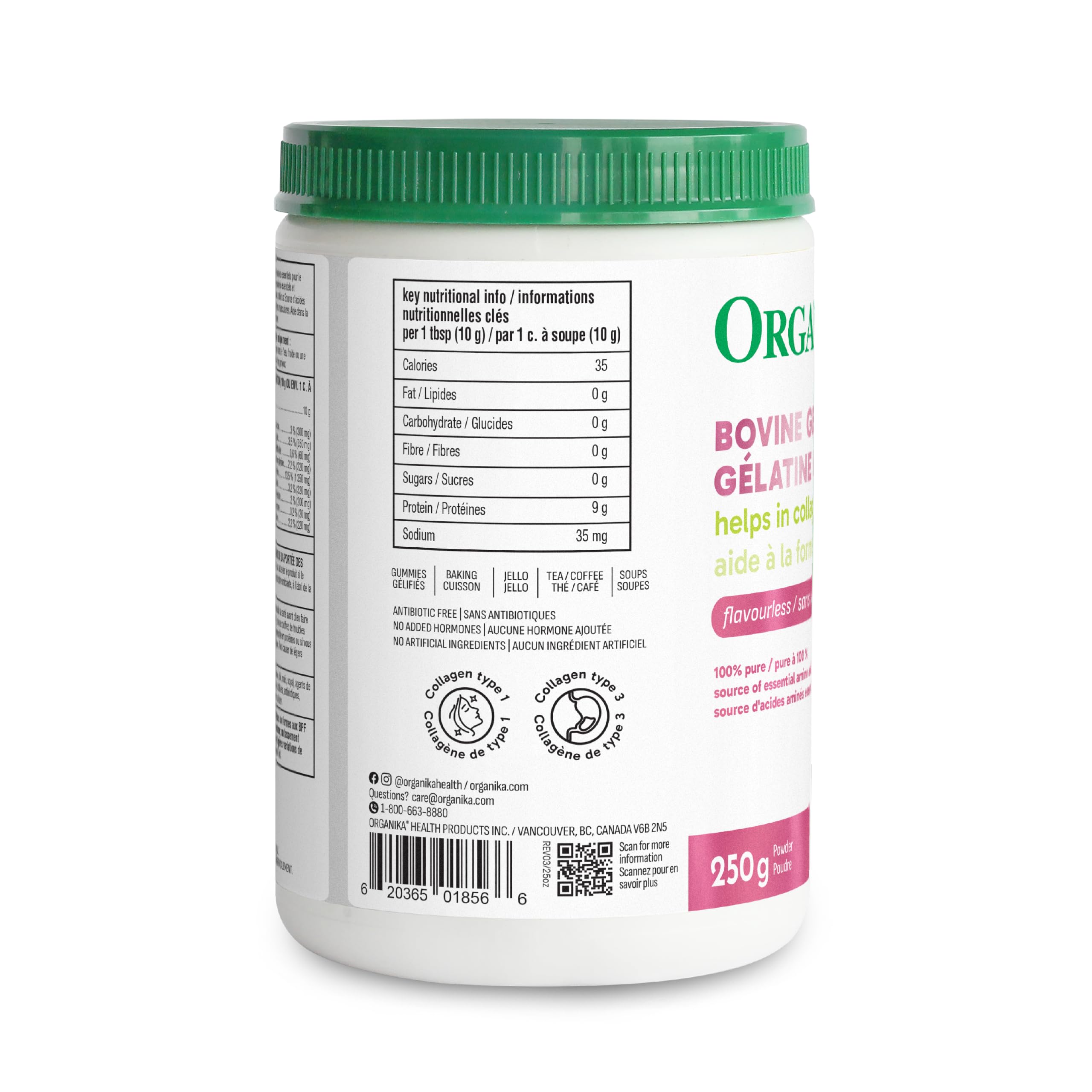 Organika Canadian-Made Bovine Gelatin (Unflavoured) - Collagen With 18 Amino Acids for Healthier Skin, Hair, Bones and Gut | Grass-Fed Source - 250g 🍁 All In One Marketplace Canada
