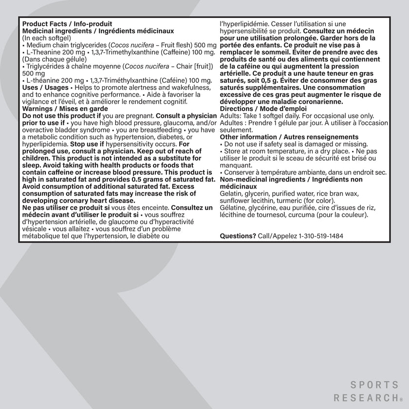 Sports Research® 2-in-1 L-Theanine Supplement with Caffeine & MCT Oil from Organic Coconuts - Focused Energy, Alertness & Relaxation Without Drowsiness - 200mg L Theanine, 100mg Caffeine - 60 Softgels 🍁 All In One Marketplace Canada