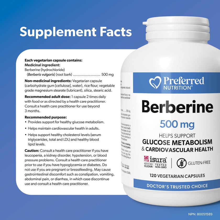 Preferred Nutrition Berberine MAXIMUM POTENCY 1000 mg per Serving (2 caps, 500 mg each), 120 Vegetarian Capsules = 60 Day Supply, Berberine Supplements, Canadian Company 🍁 All In One Marketplace Canada