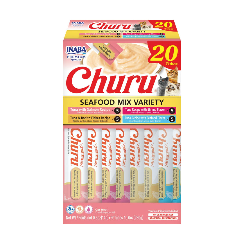 INABA Churu Cat Treats, Lickable, Squeezable Creamy Purée Cat Treat with Green Tea Extract & Taurine, 14 Grams Each Tube, 20 Tubes, Seafood Variety Box 🍁 All In One Marketplace Canada