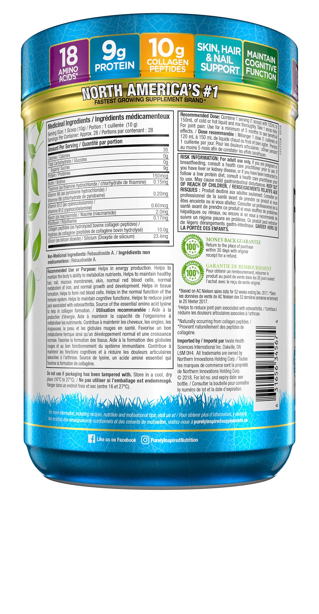 Purely Inspired Collagen Peptides Powder for Women & Men (Unflavoured) - Paleo & Keto-Friendly Supplement for Healthy Skin & Hair - Grass-Fed & Pasture Raised - 282g, 28 Servings (Pack of 1) 🍁 All In One Marketplace Canada