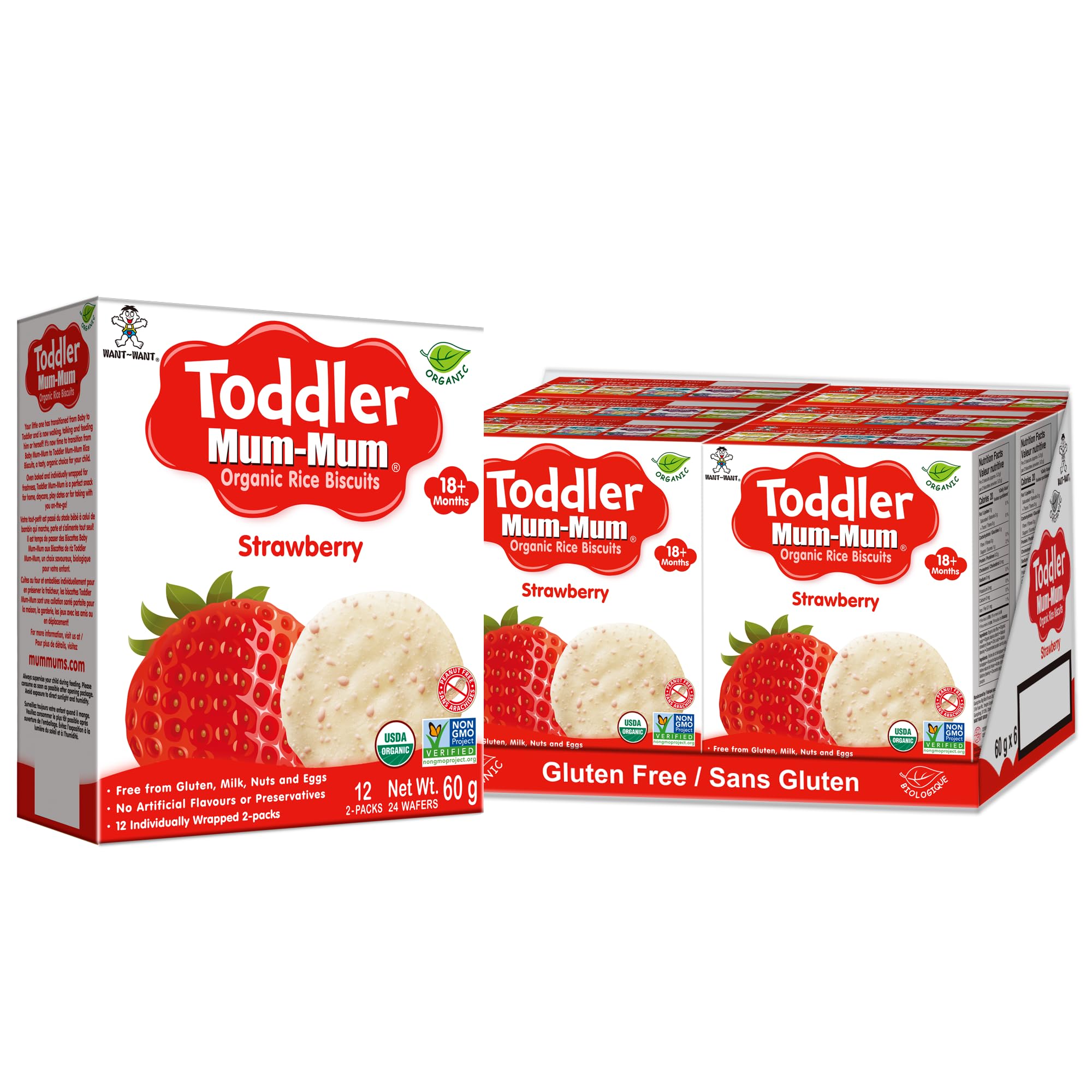 Want-Want Toddler Mum-Mum Rice Rusks, Strawberry, Gluten Free, Allergen Free, Non-GMO, Rice Teether Cookie for Teething Infants, 60gms, 24 Rusks per box - Case pack of 6 🍁 All In One Marketplace Canada