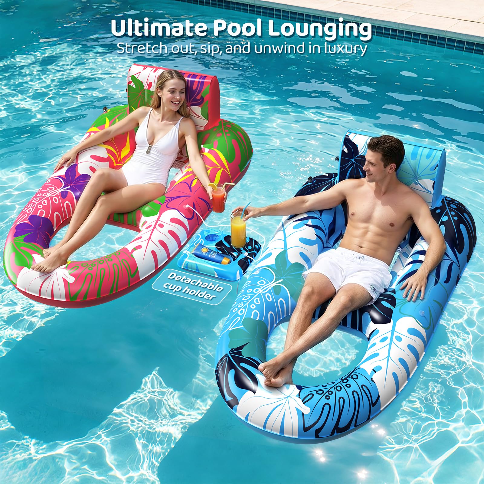 SEETOHOME 2 Pack Pool Floaties for Adults, Heavy Duty Inflatable Pool Lounger Floating Adult with Detachable Cup Holders & Backrest, Adult Pool Float Lounger for Beaches, Lakes, Rivers, Parties 🍁 All In One Marketplace Canada