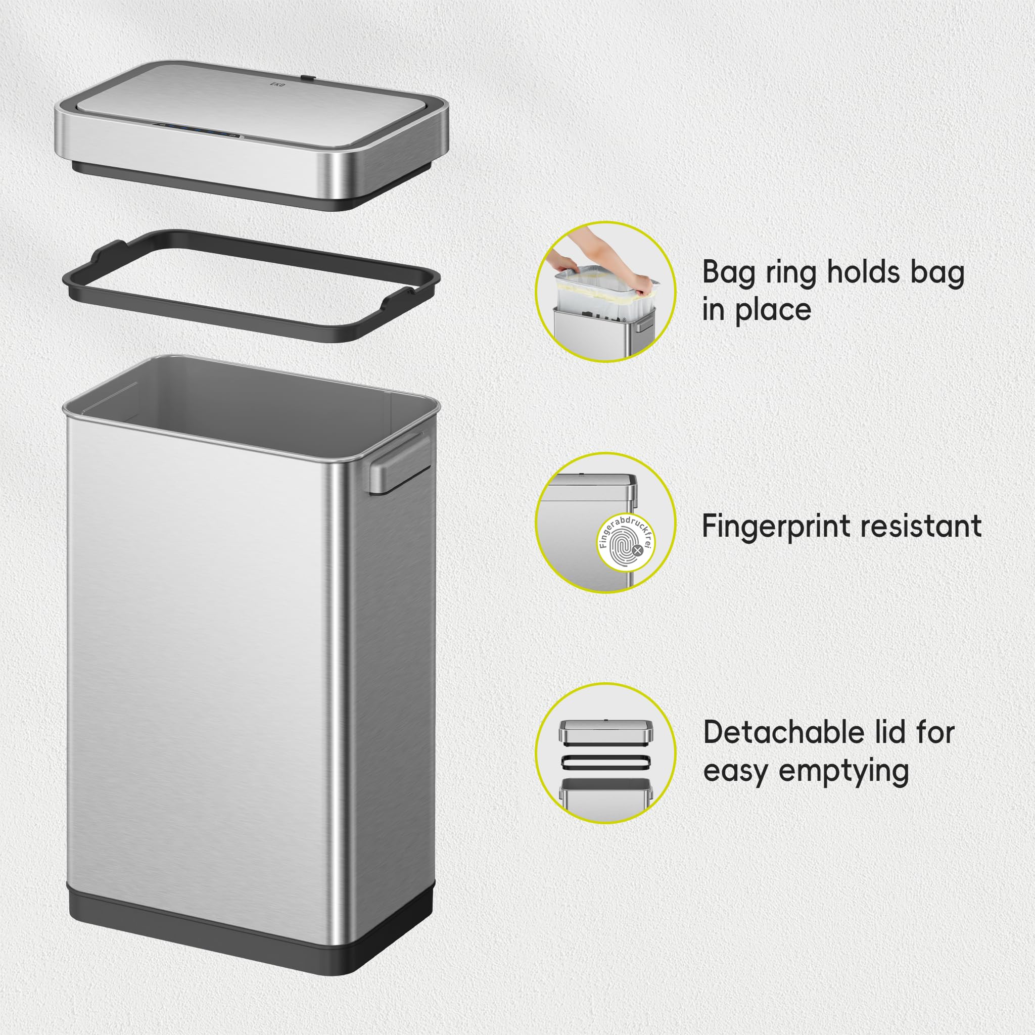 EKO Deluxe Mirage-T 50 Liter / 13.2 Gallon Touchless Rectangular Motion Sensor Trash Can, Matte Stainless Steel Finish 🍁 All In One Marketplace Canada