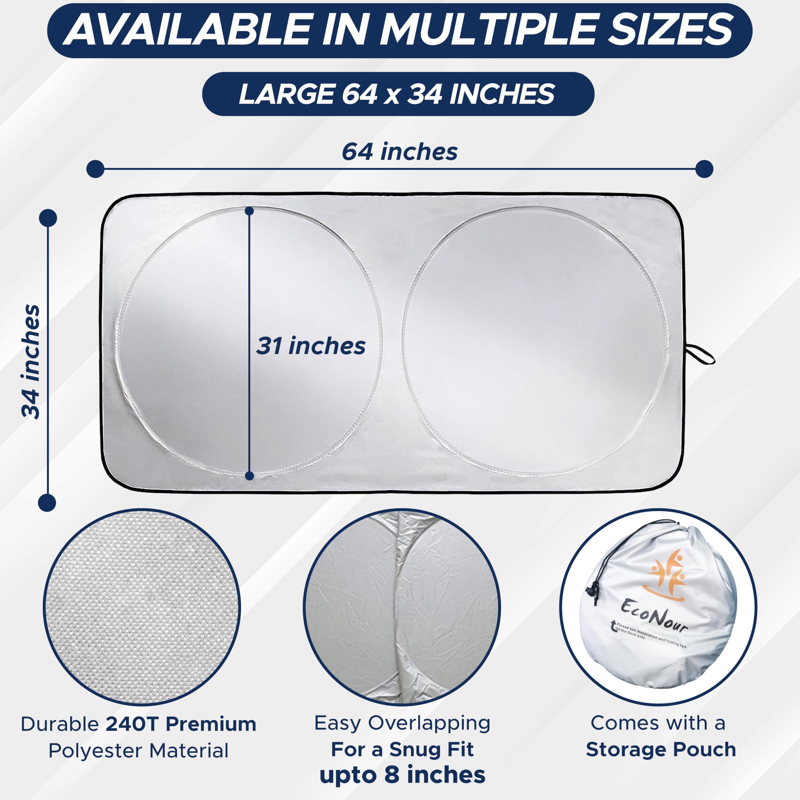 EcoNour Car Windshield Sun Shade with Storage Pouch | Durable 240T Material Car Sun Visor for UV Rays, Sun Heat Protection | Car Interior Accessories for Sun Heat | Medium Plus (64 inches x 34 inches) 🍁 All In One Marketplace Canada